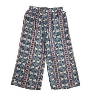 Pink Rose Capri Pants Vintage Boho Print Elastic Waist Wide Leg Size Small